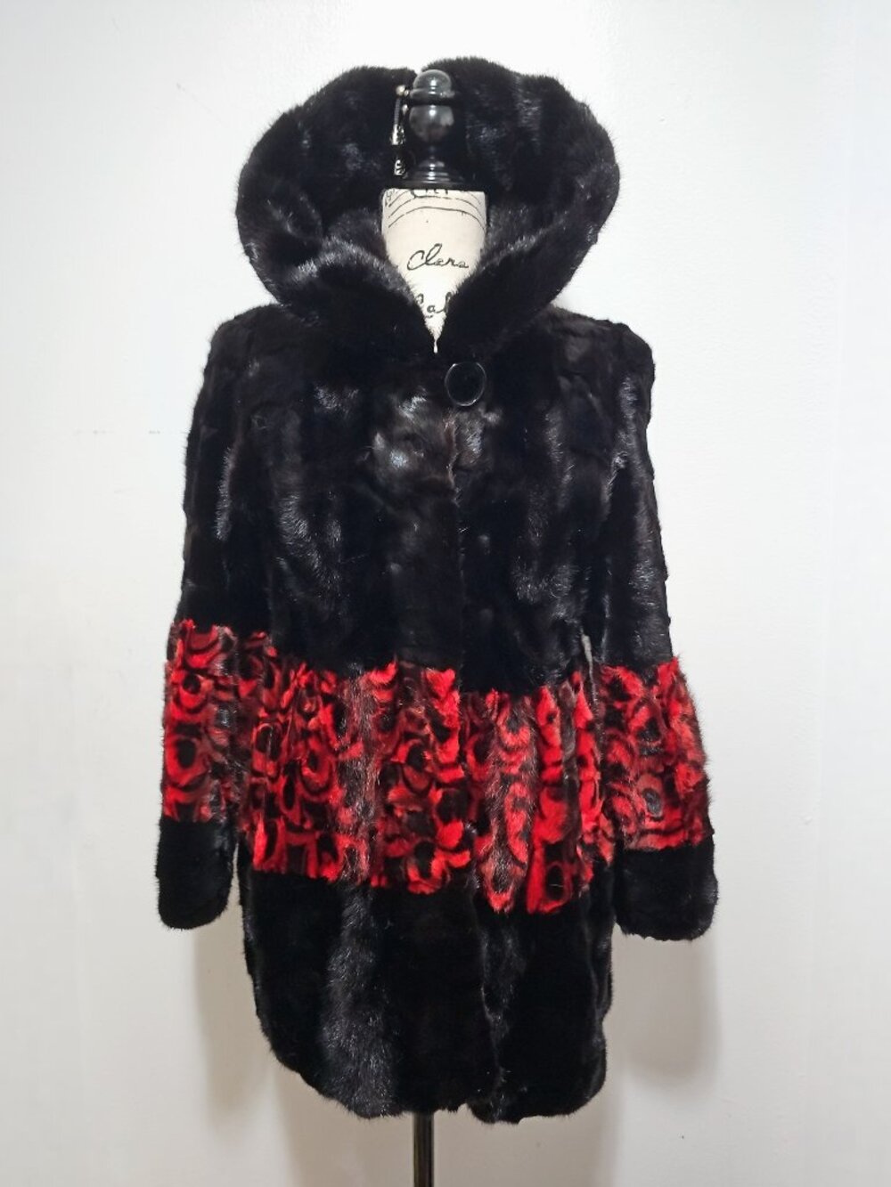 NewReal Mink Fur Coat Striped Mosaic Pieced Black Red Scarlet Paisley NoFox